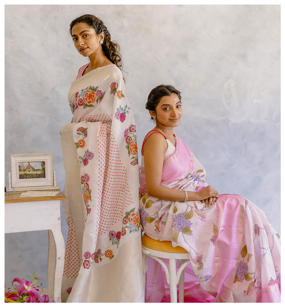 The Art of Fusion: Hand Block Printing and Hand Painting on Linen Kanchipurams