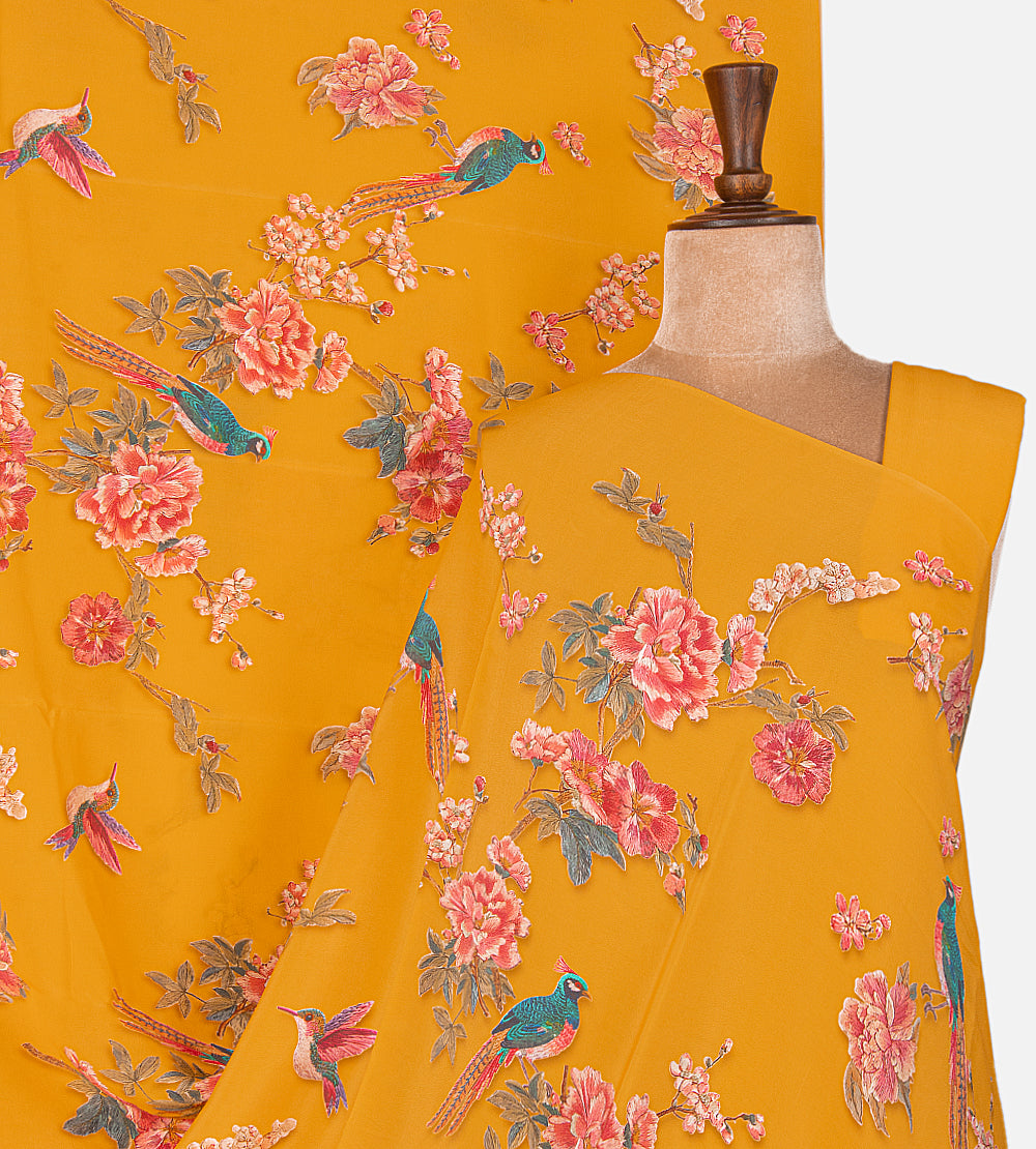 Yellow Printed Crepe Saree