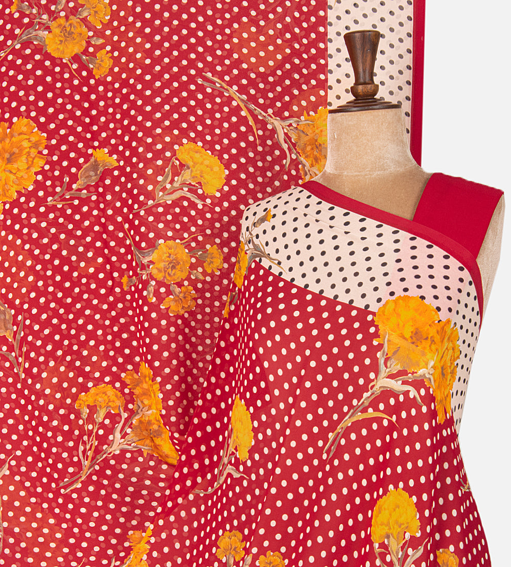 Red Printed Crepe Saree
