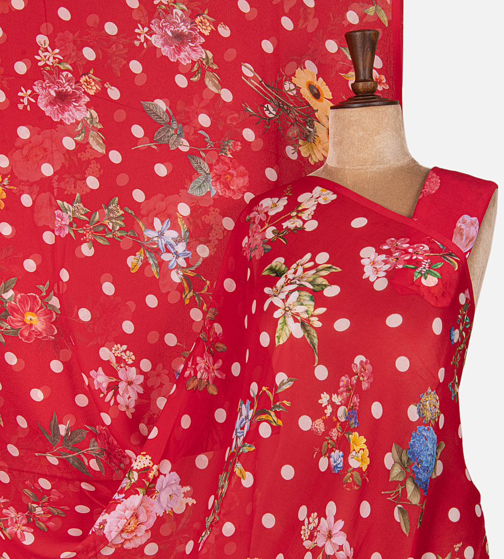 Red Printed Crepe Saree