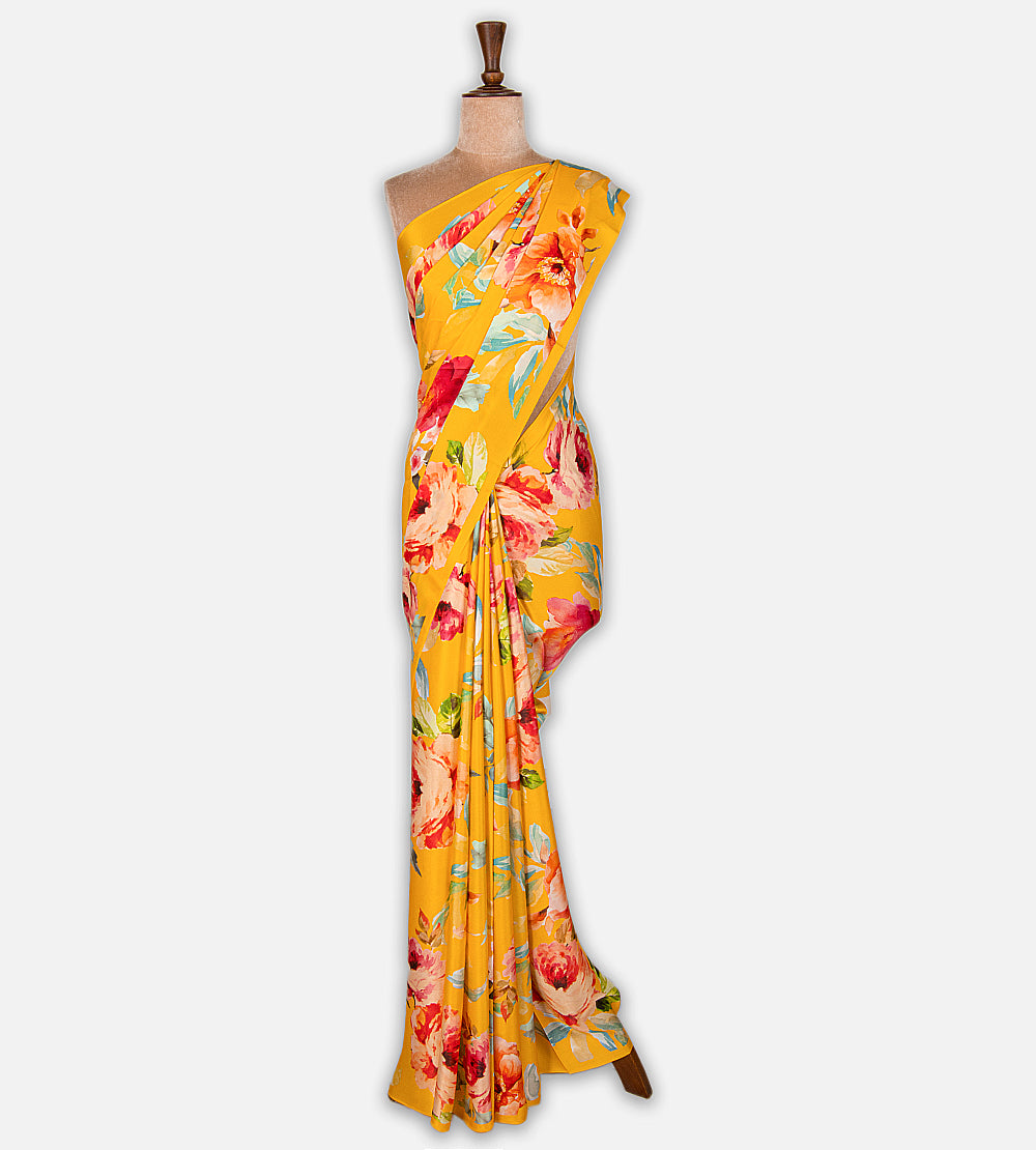 Yellow Satin Crepe Saree
