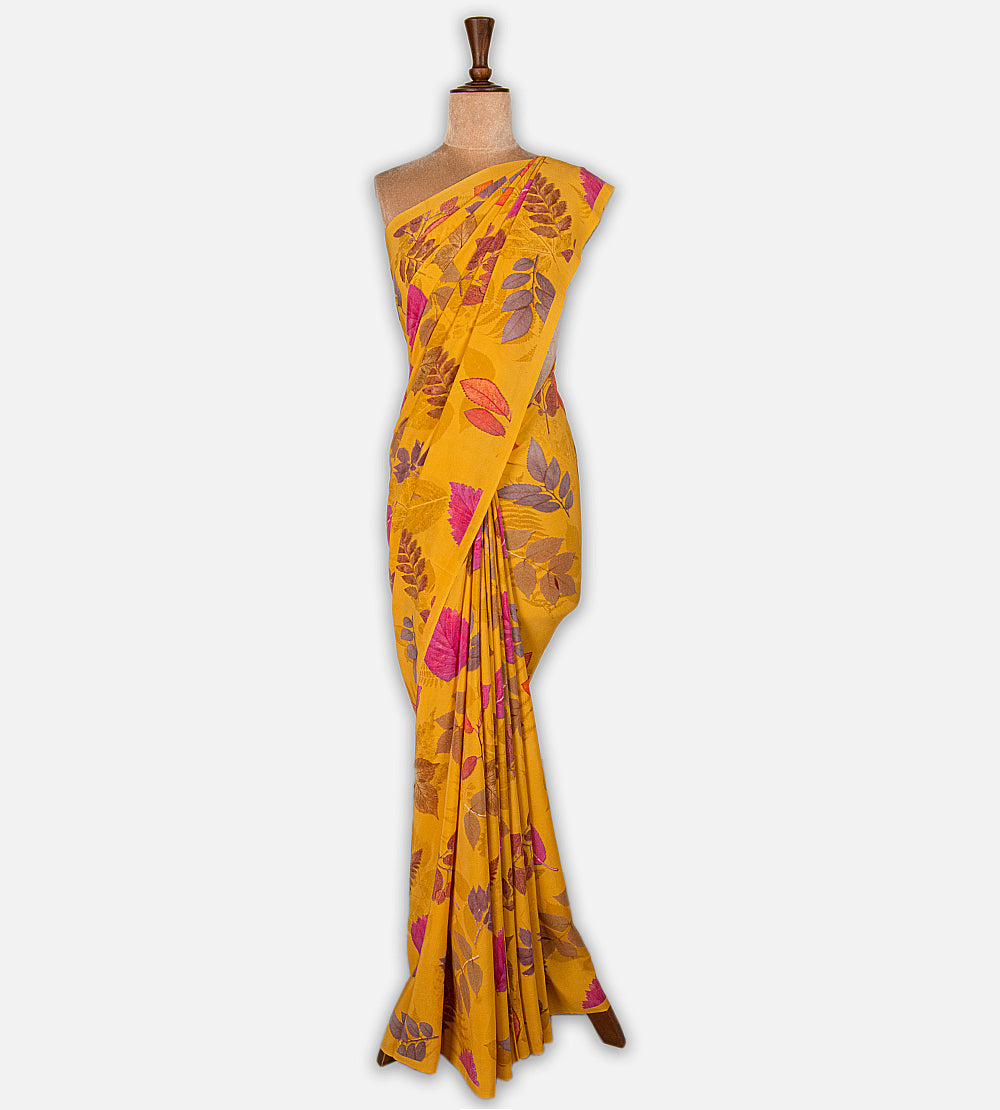 Yellow Printed Crepe Saree