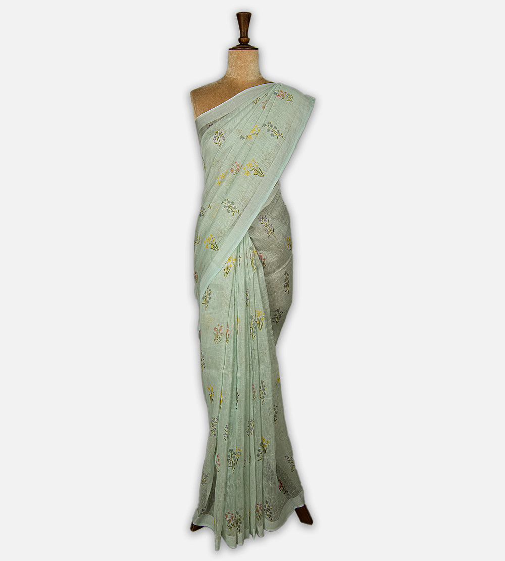 Pastel Sage Green Linen Saree