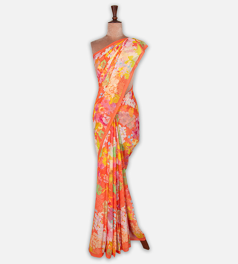 Orange Printed Crepe Saree