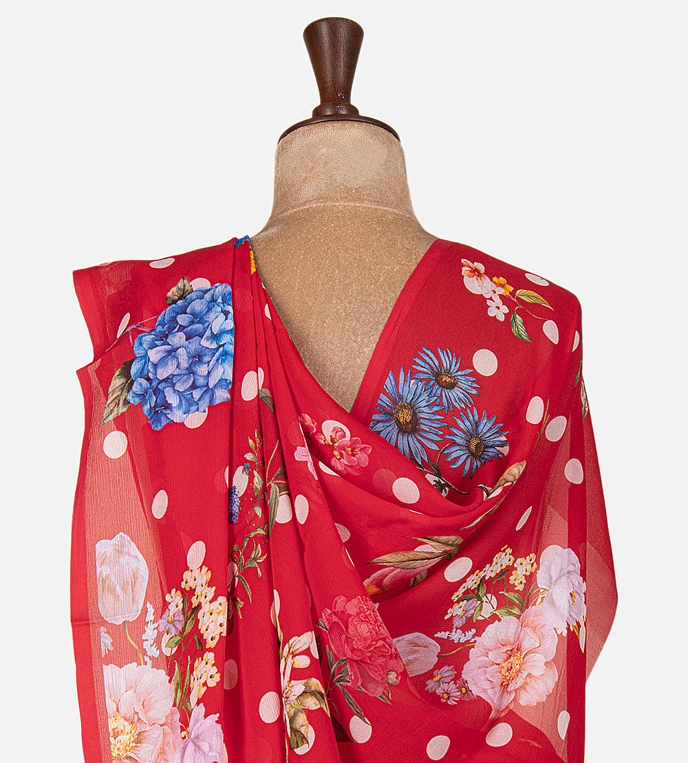 Red Printed Crepe Saree