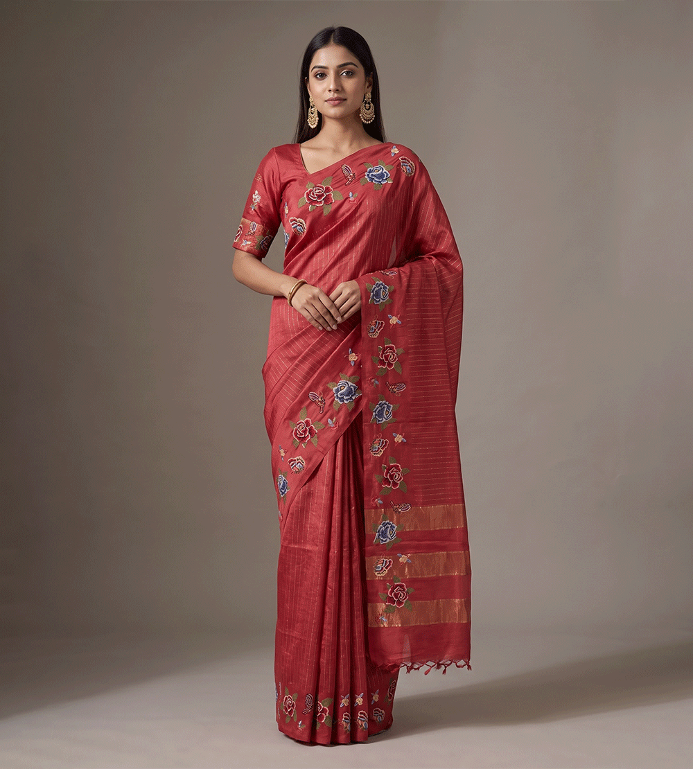 Muted brick Red Tussar Saree