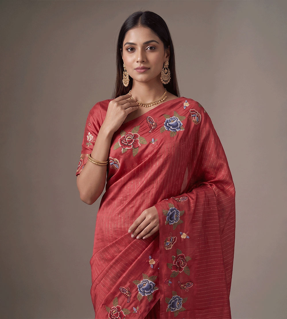 Muted brick Red Tussar Saree