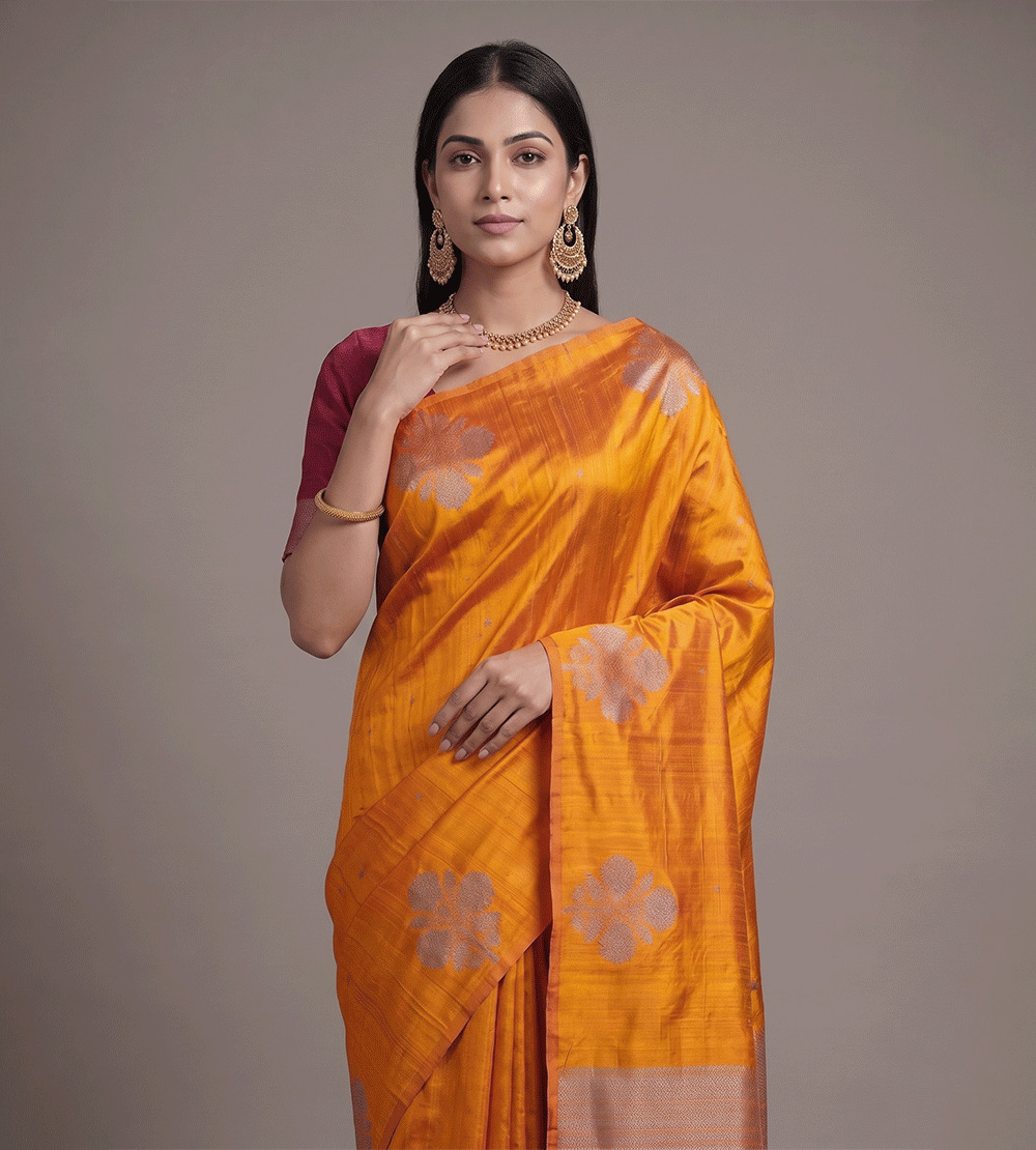 Tangerine Yellow Tussar Saree