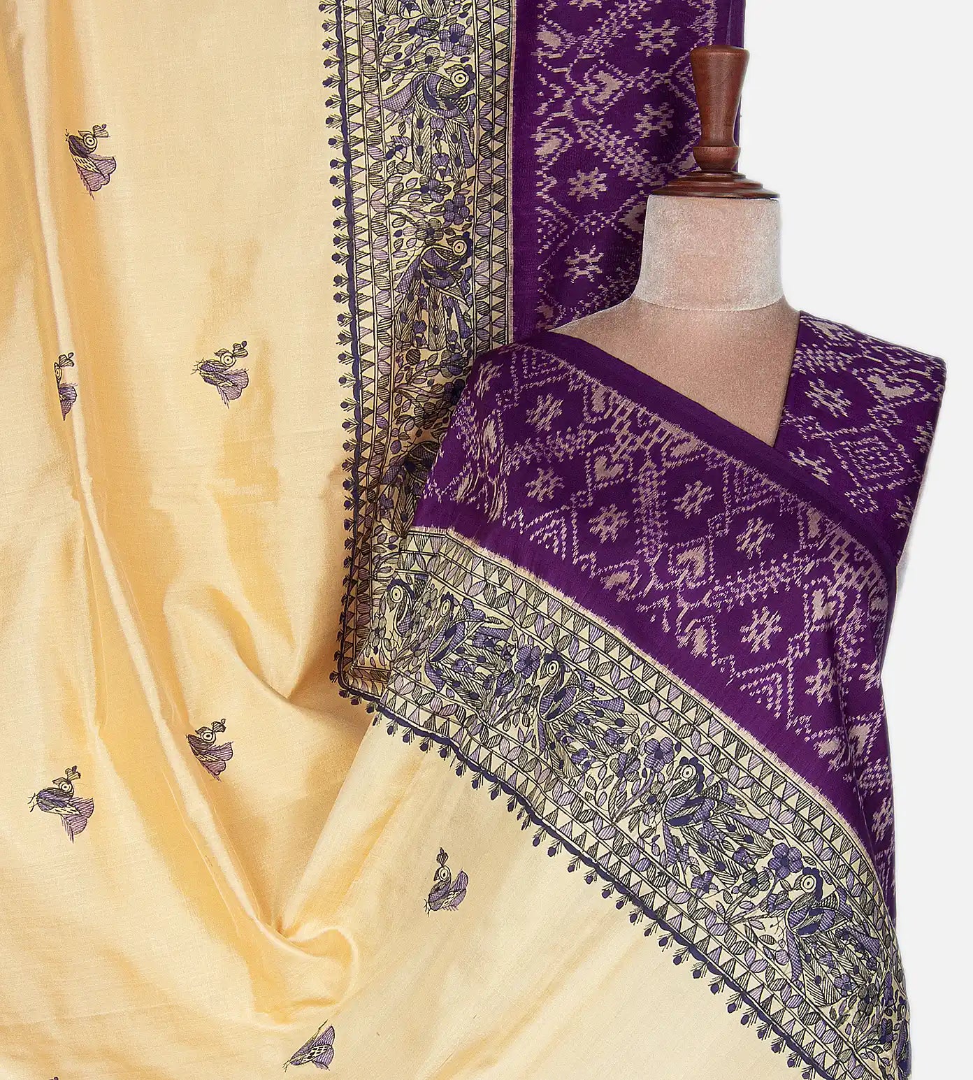 Off White Ikkat Madhubani Hand Painted Saree
