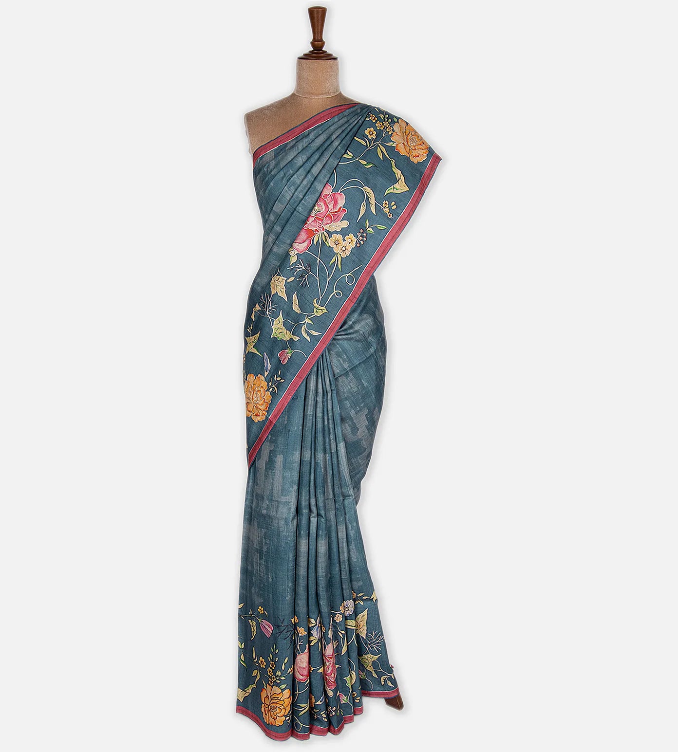 Blue Tussar Embroidery Saree