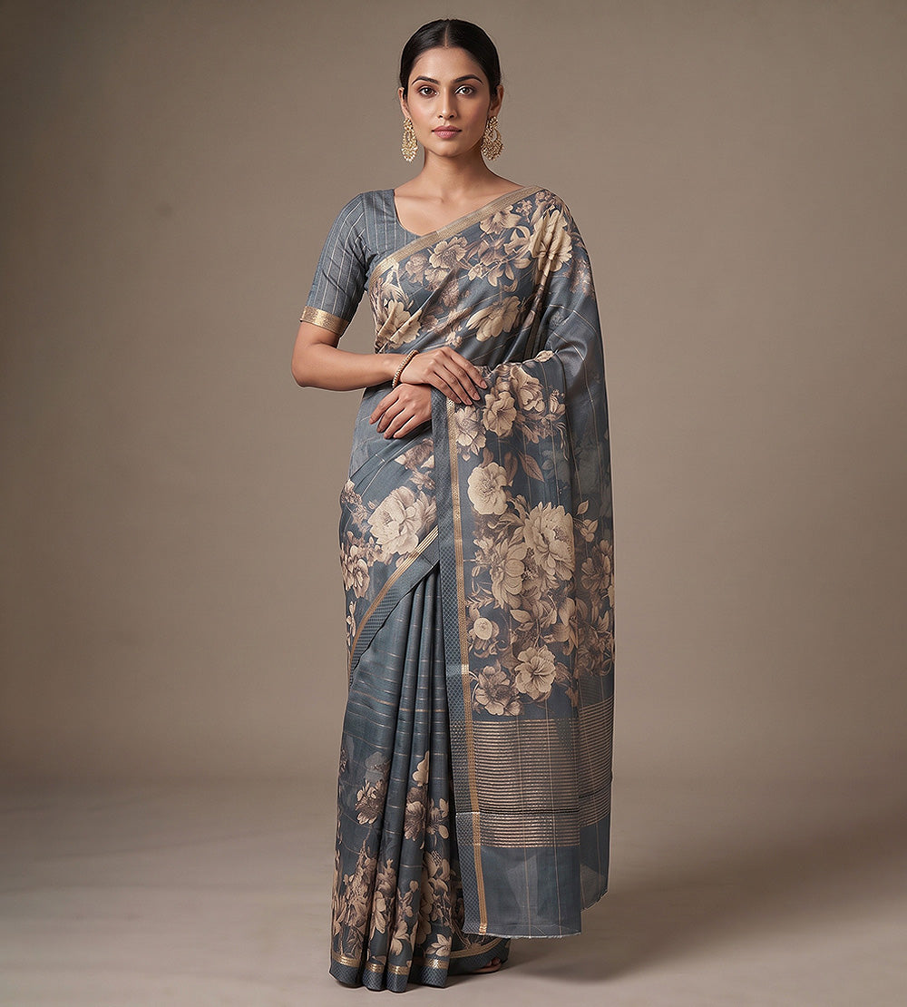 Dusty Steel Blue Tussar Saree