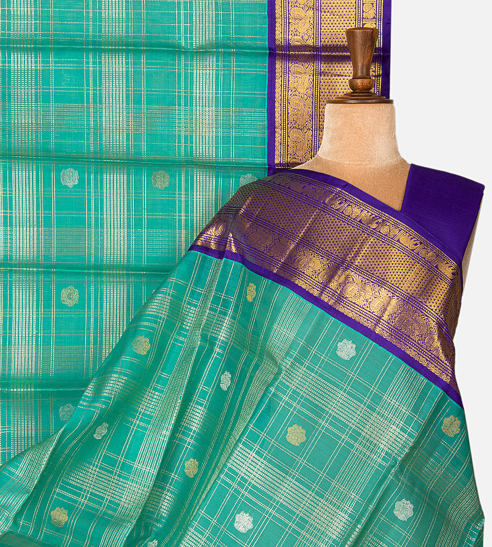 Deep Teal Kora Kanchipuram Silk Saree