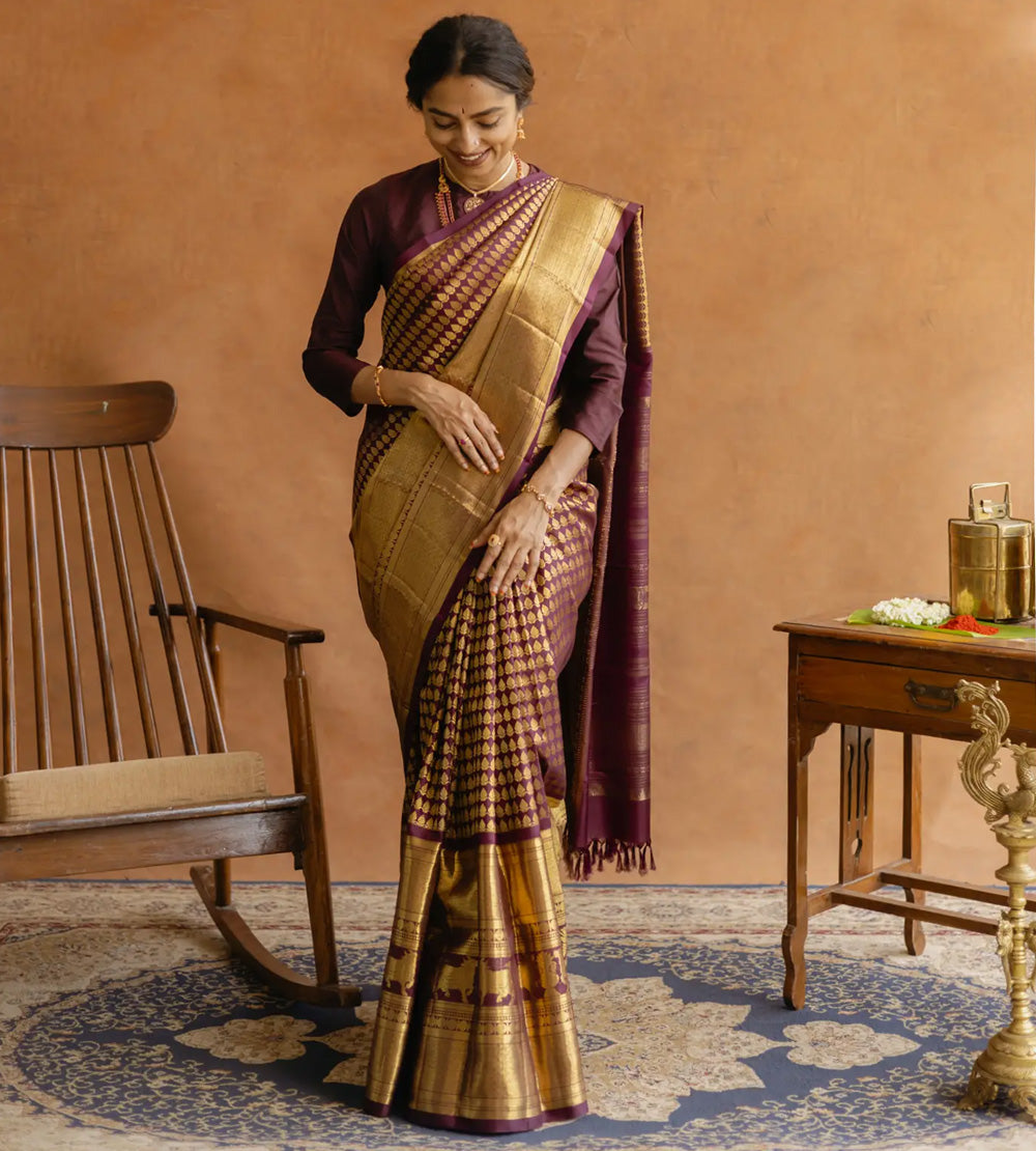 Deep Maroon Kanchipuram Silk Saree
