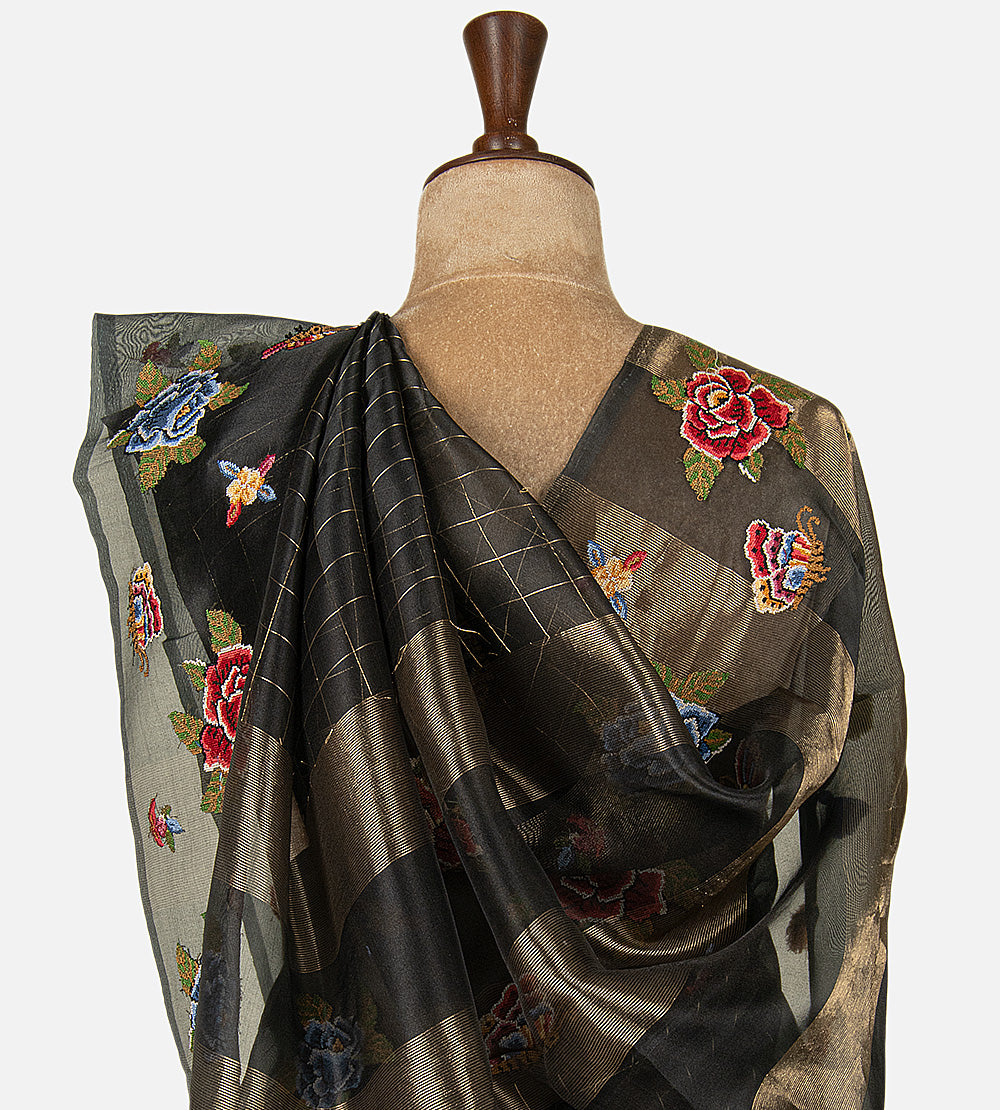 Deep Charcoal Black Organza Saree