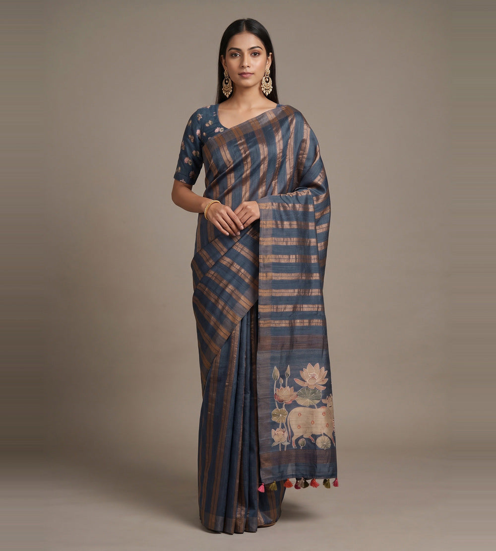 Blue Tussar Saree