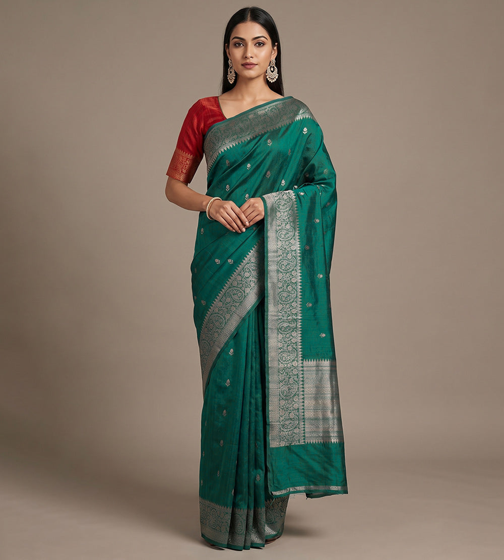 Teal Green Banarasi Tussar Saree