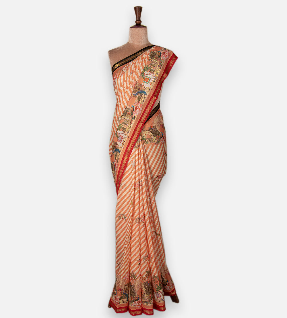 Off-White and Peach Soft Silk Saree