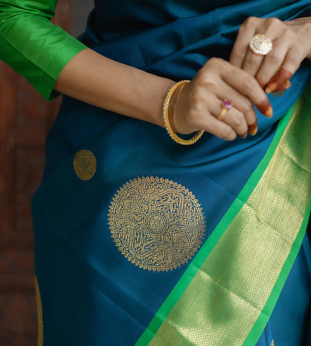 Peacock Blue Korvai Kanchipuram Silk Saree