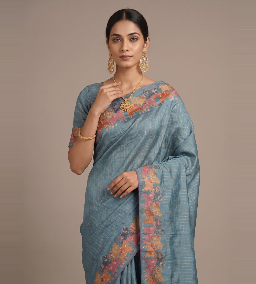 Blue Tussar Saree