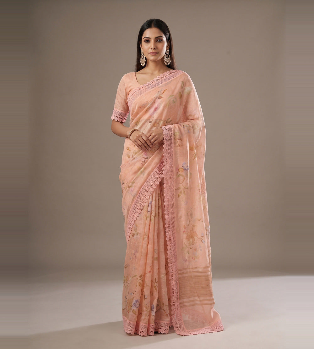 Light Peach Linen Saree