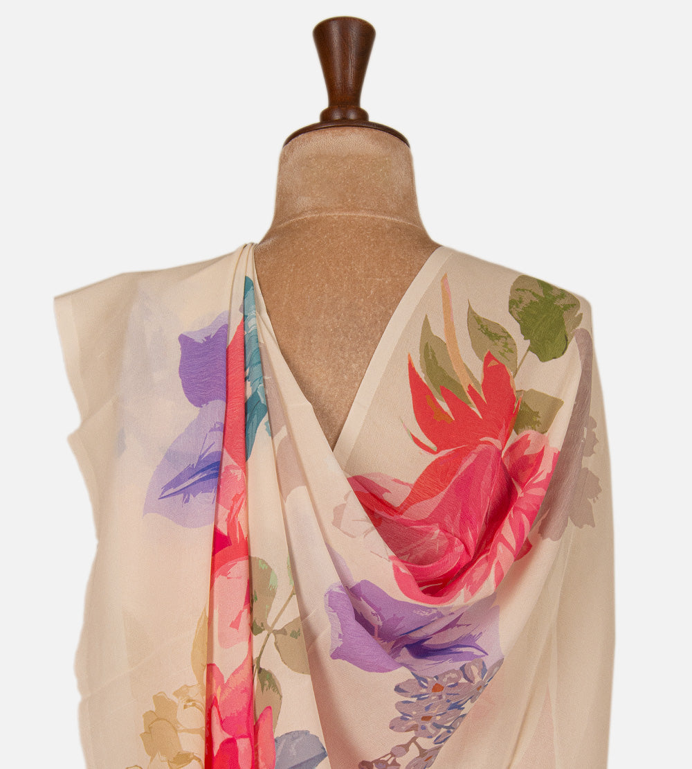 Light Beige Printed Crepe Saree