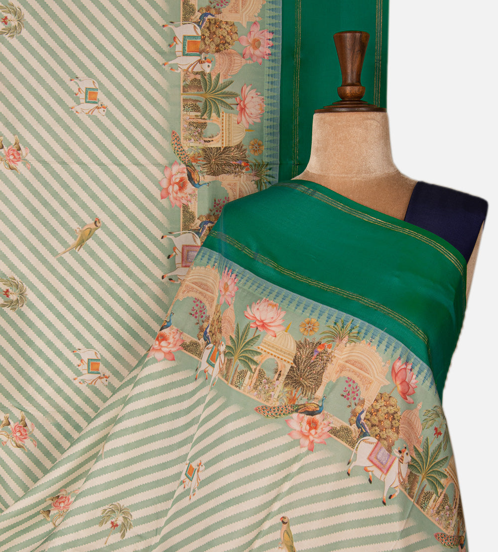 Off-White and Green Soft Silk Saree