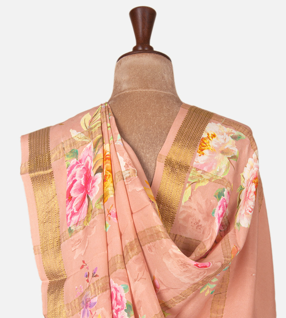 Light Peach Mysore Crepe Printed Saree