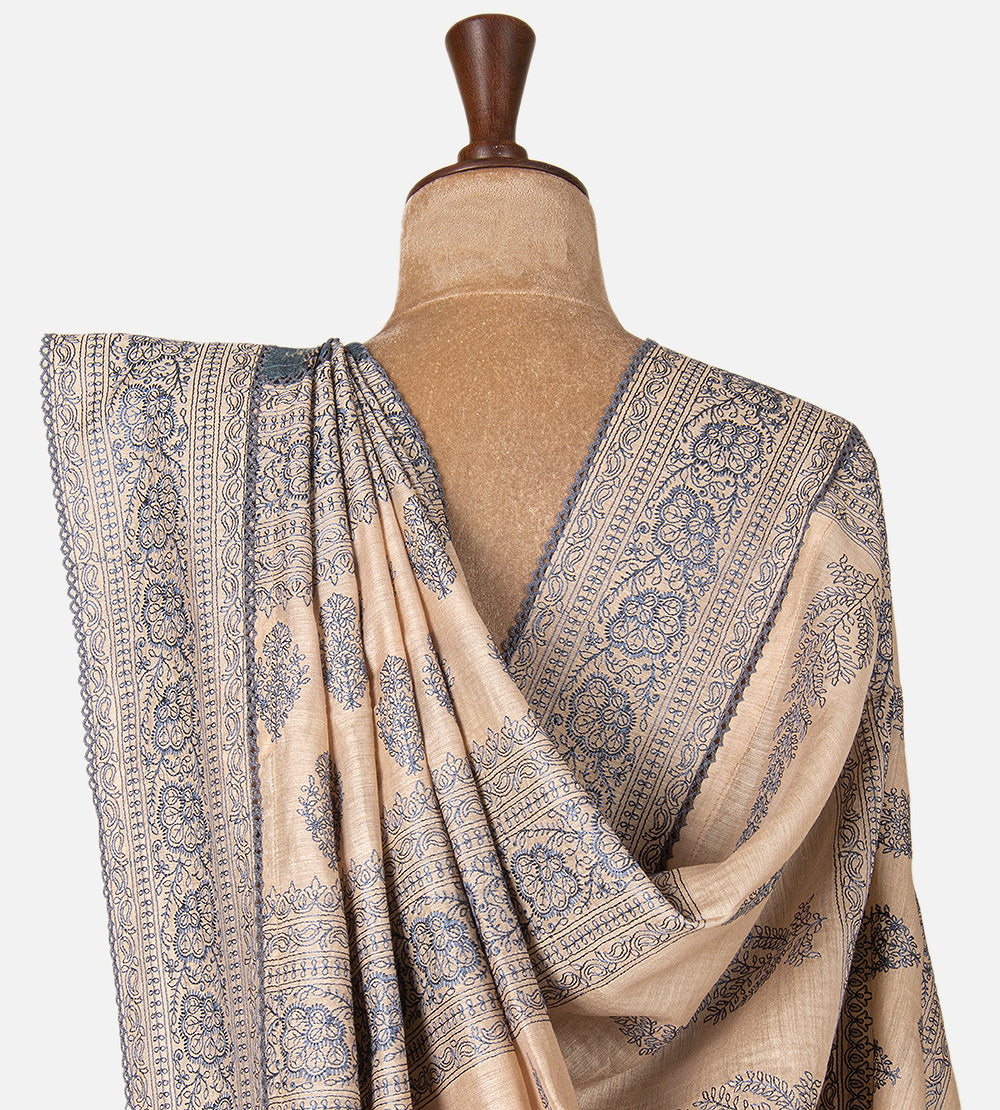 Blue Tussar Ajrakh Printed Saree