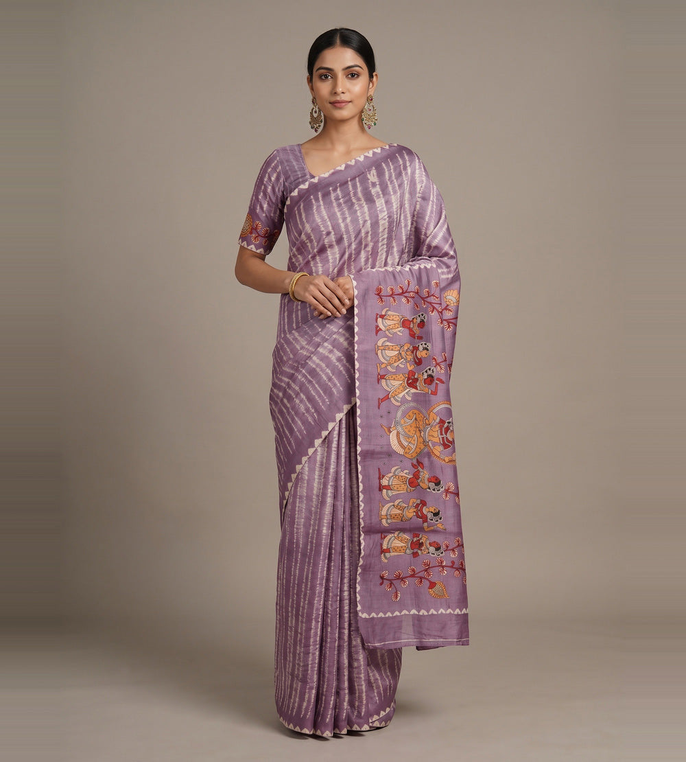 Greyish Purple Shibori Tussar Saree
