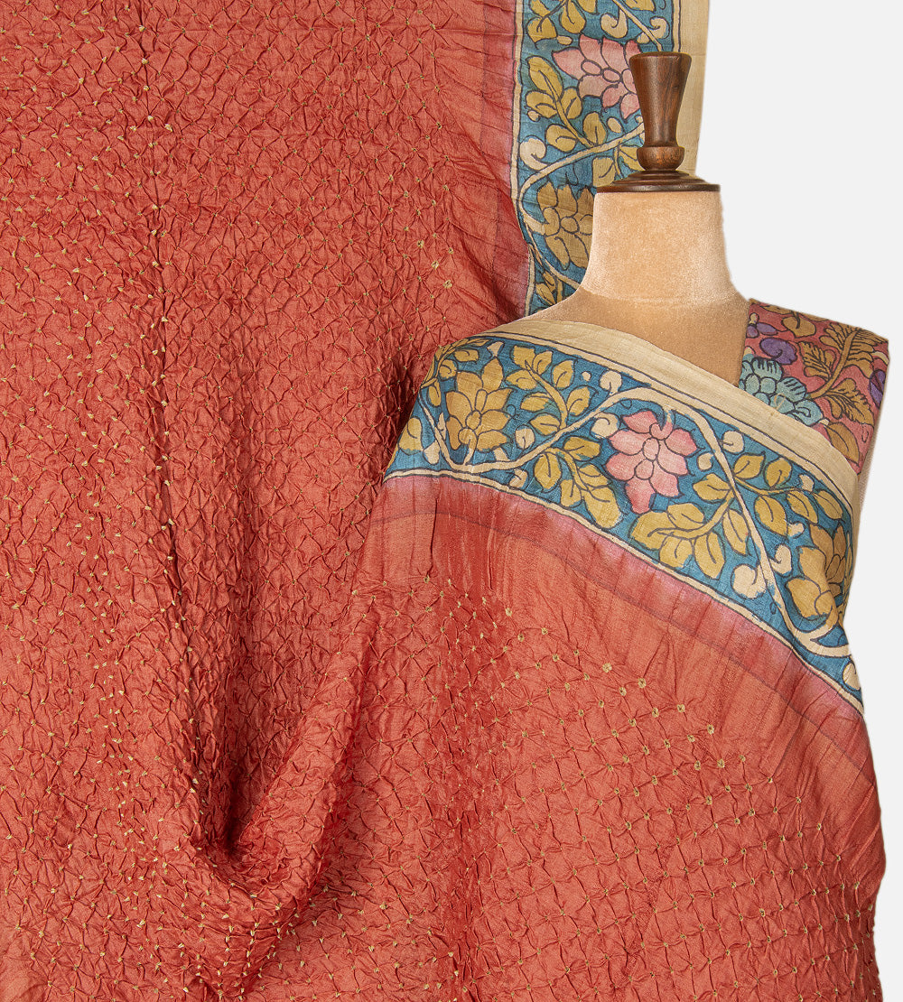 Burnt Coral Bandhani Tussar Kalamkari Saree