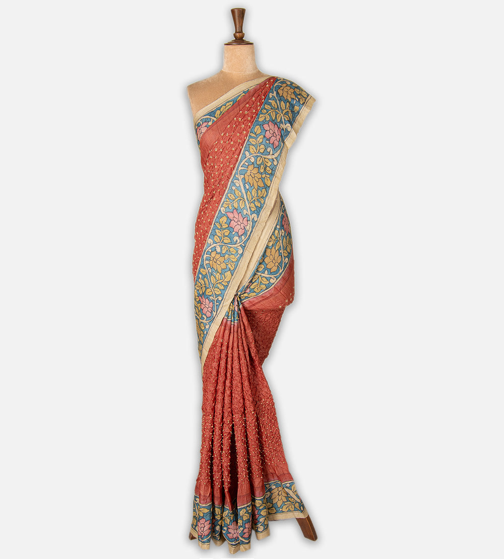 Burnt Coral Bandhani Tussar Kalamkari Saree