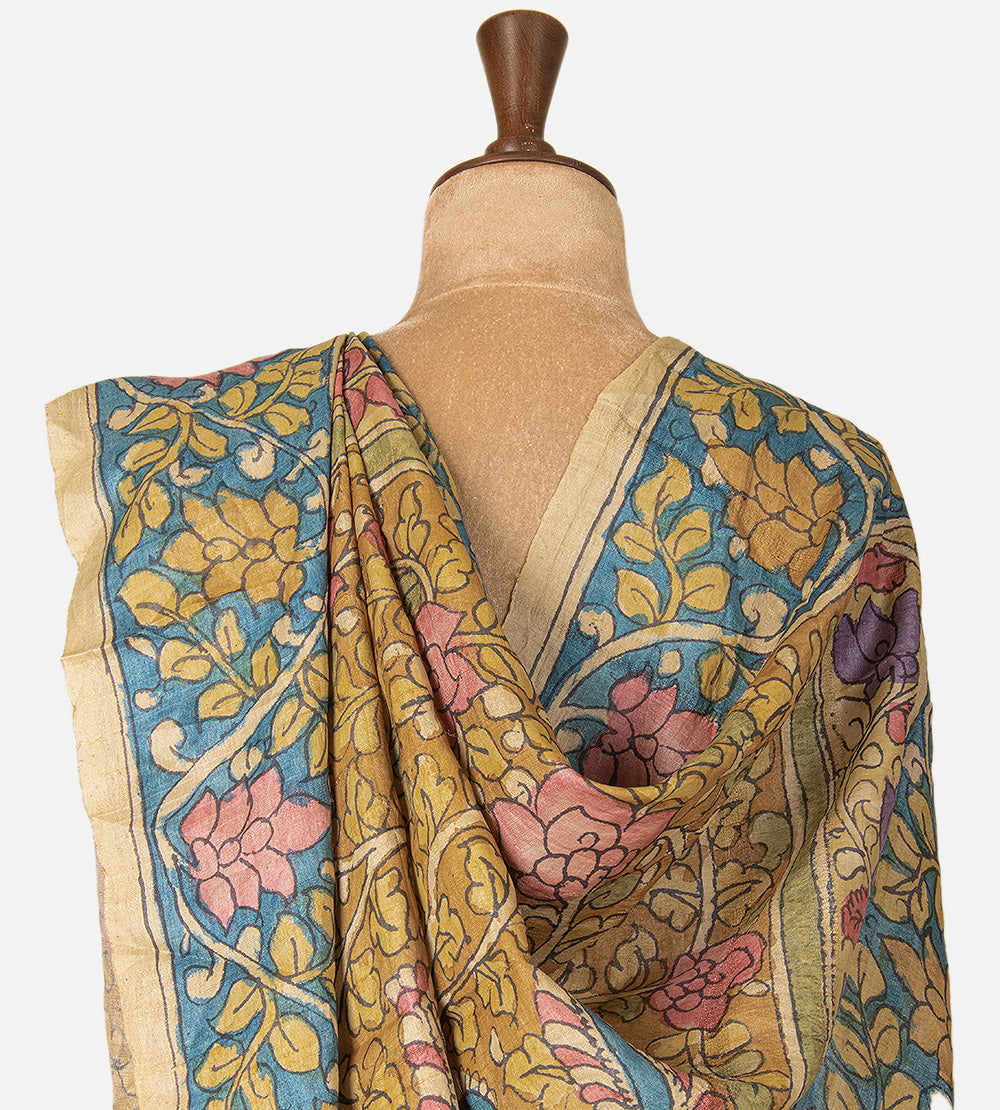 Burnt Coral Bandhani Tussar Kalamkari Saree