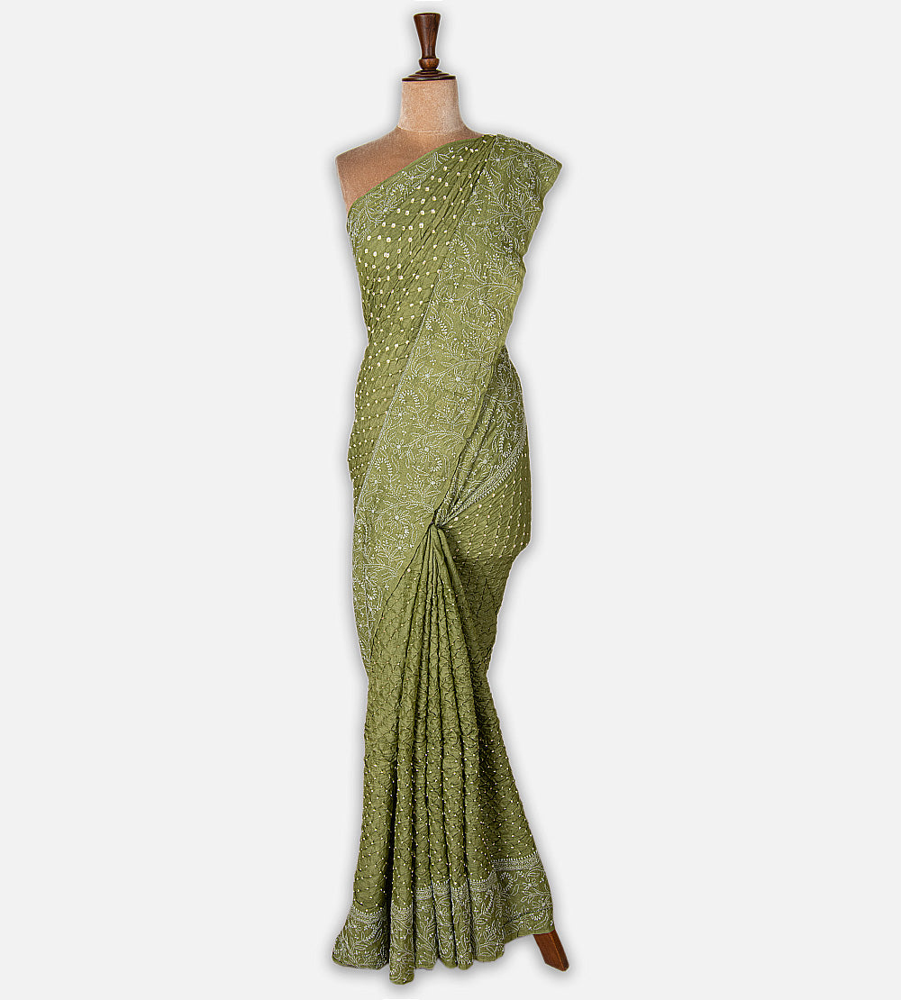 Green Tussar Bandhani Saree