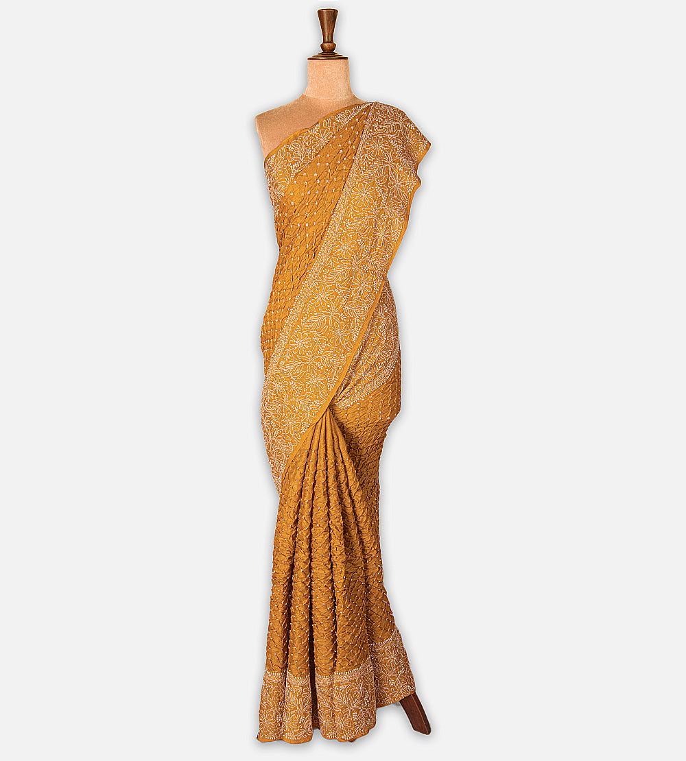 Yellow Tussar Bandhani Saree