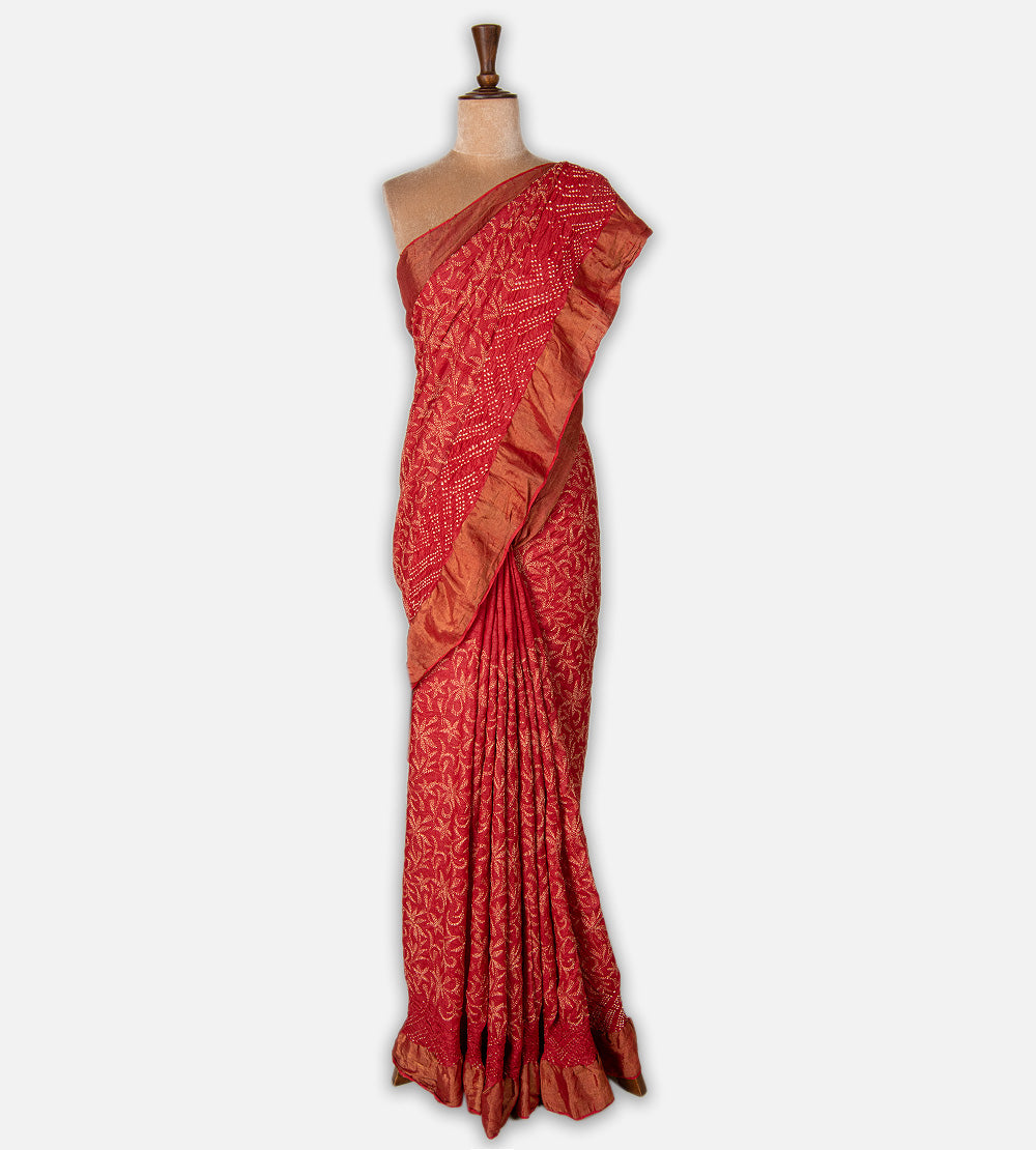 Vermilion Red Tussar Bandhani Saree