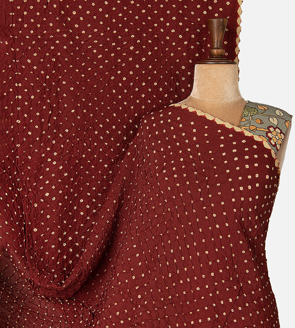 Maroon Bandhani Tussar Kalamkari Saree
