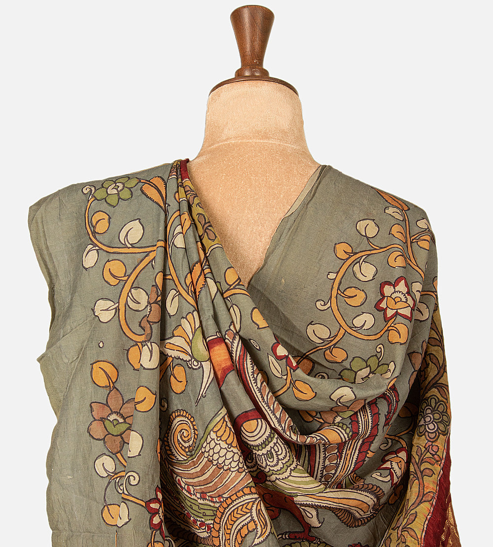 Maroon Bandhani Tussar Kalamkari Saree