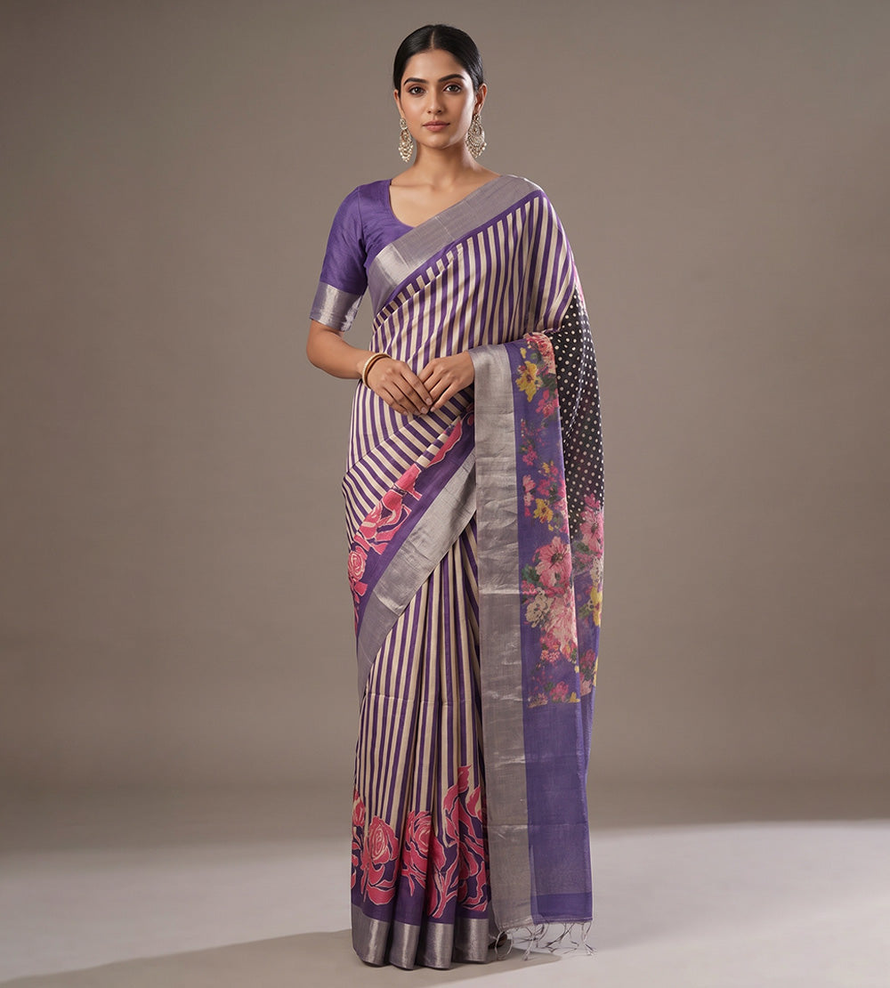 Purple and Beige Tussar Saree