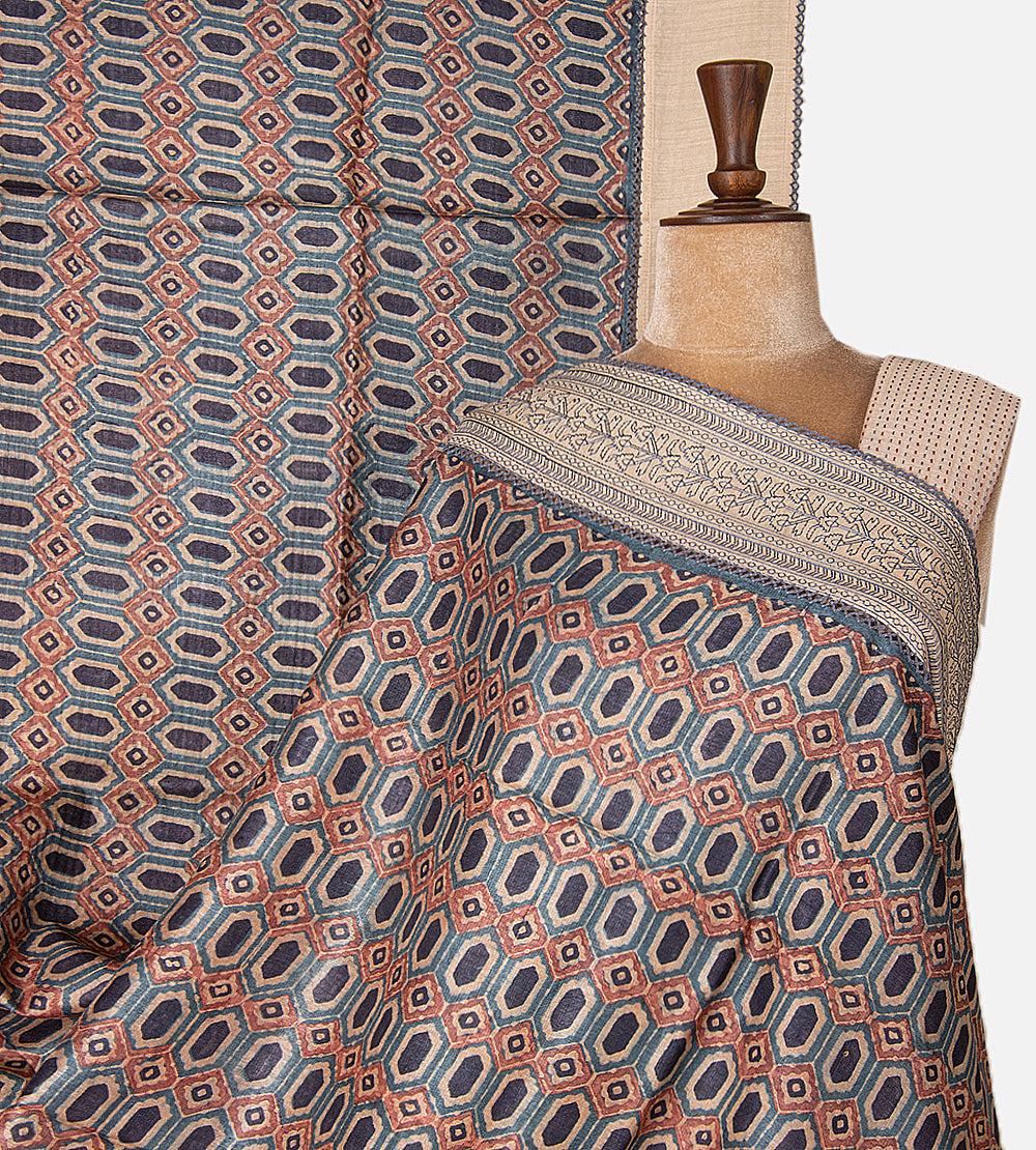 Multicolour Tussar Ajrakh Printed Saree