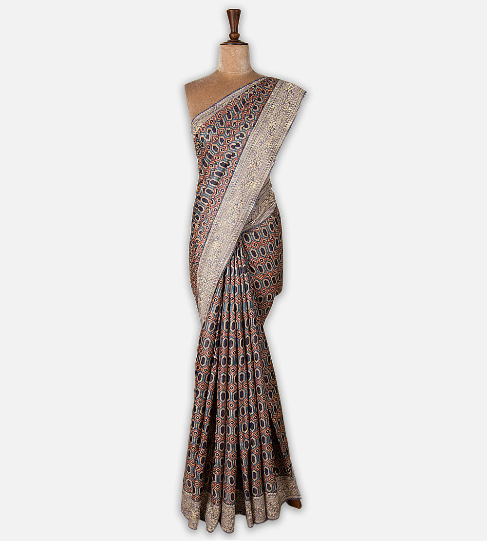 Multicolour Tussar Ajrakh Printed Saree