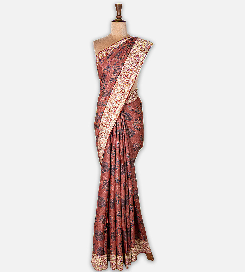 Terracotta Pink Tussar Ajrakh Printed Saree