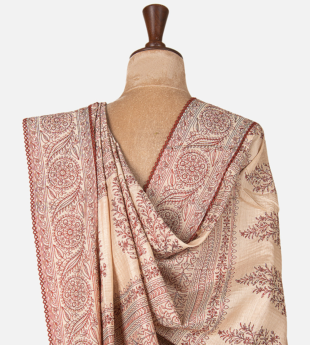 Terracotta Pink Tussar Ajrakh Printed Saree