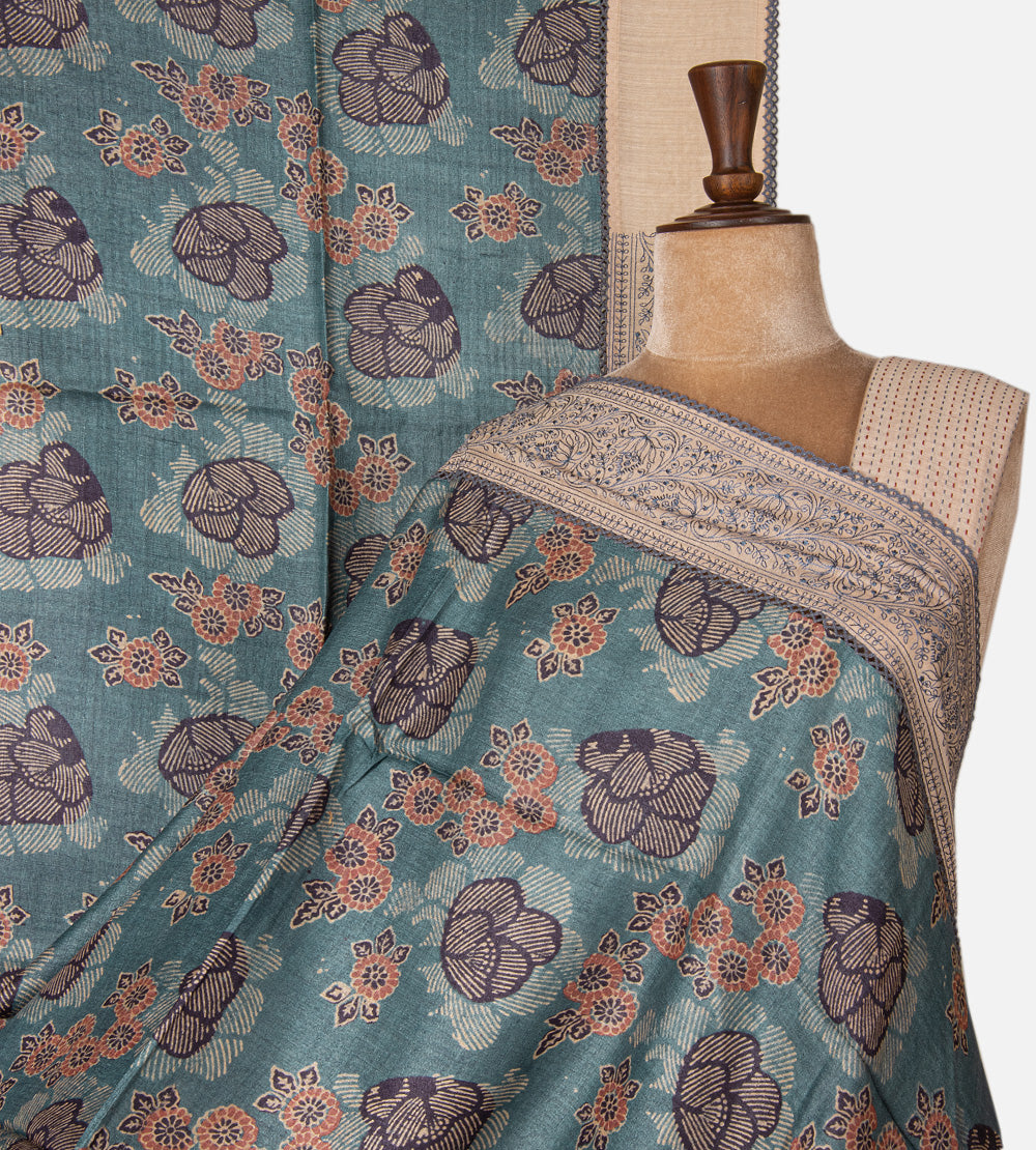 Blue Tussar Ajrakh Printed Saree