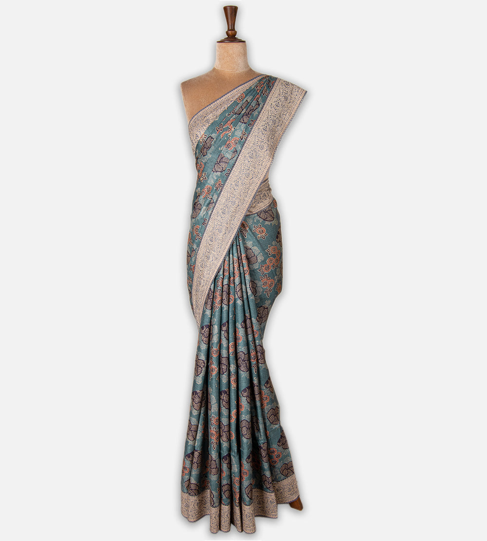 Blue Tussar Ajrakh Printed Saree