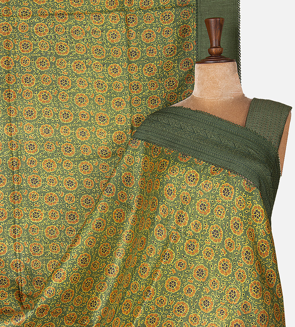 Green Tussar Ajrakh Printed Saree