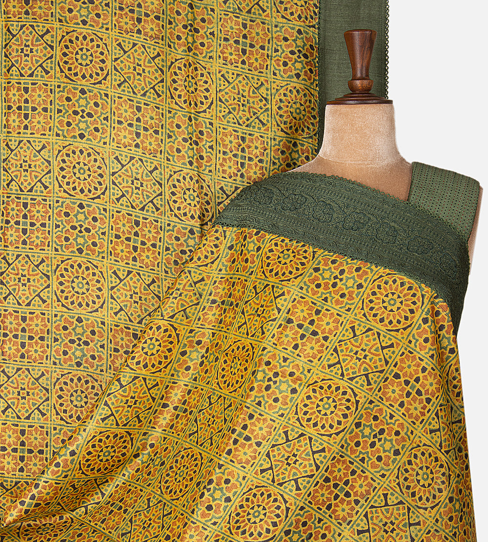 Yellow Tussar Ajrakh Printed Saree