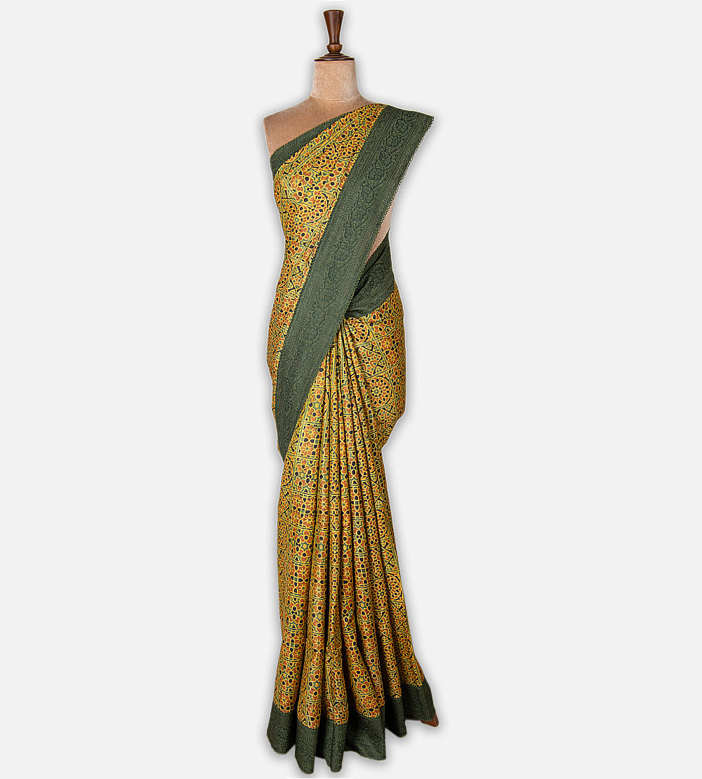 Yellow Tussar Ajrakh Printed Saree
