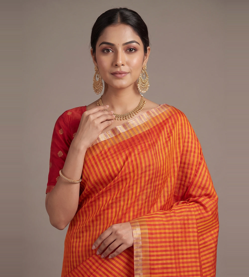 Orange And Red Raw Silk Saree