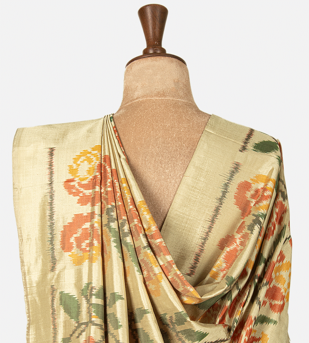 Creme Ikkat Silk Saree
