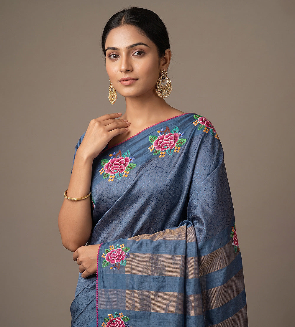 Blue Tussar Saree